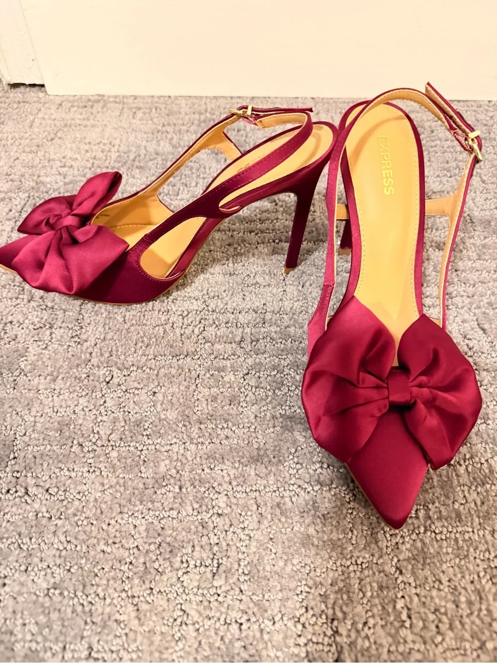 Express Satin Burgundy Pointed Bow Slingback Heels